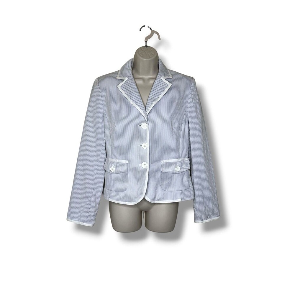 Vintage Y2K Ann Taylor Loft Blazer Jacket Blue White Gray Stripe Piping Women 8